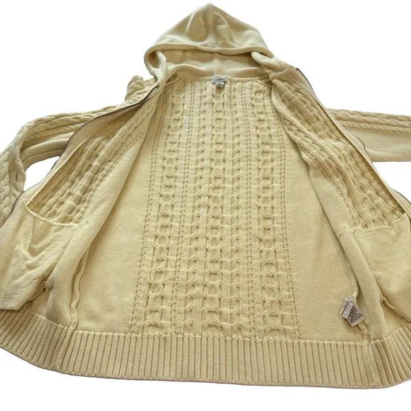 LL Bean Yellow Double L Mixed Cable Full Zip Hoodie Pockets Cotton Sweater SMALL - Image 6