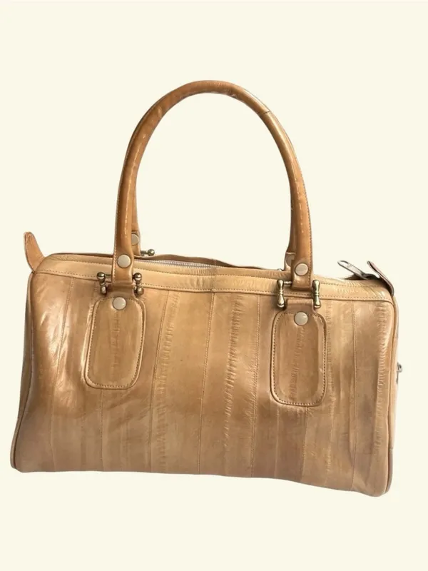VTG Camel Eel Skin Leather Satchel Top Handle Tote Bag Neutral Minimalist - Image 5