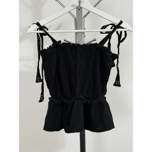 Eli + Ali Black Smocked Peplum Cami Top Womens M Tie Straps Cottagecore Peasant - Image 3