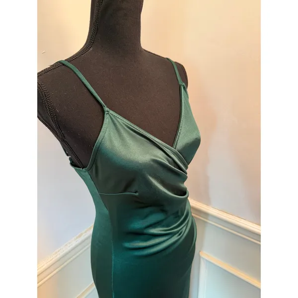 Emerald Green Satin Surplice Midi Dress with Slit Jewel Tone Wedding Guest - Image 5