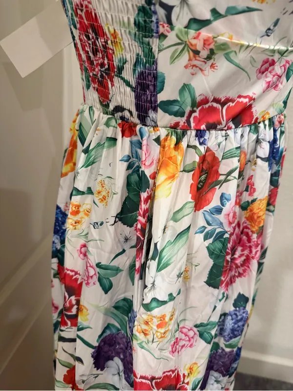 Floral Adjustable Spaghetti-Strap Midi Dress in White with Multicolor Blooms - Image 3
