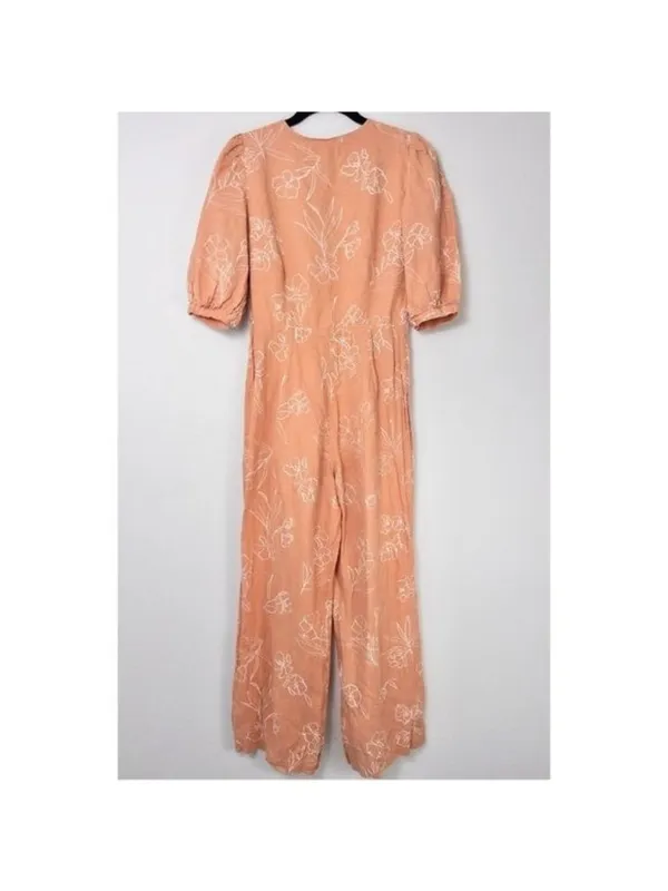 Capulet Isalina Linen Cropped Jumpsuit S Oleander Floral Puff Sleeve Wide Leg - Image 11