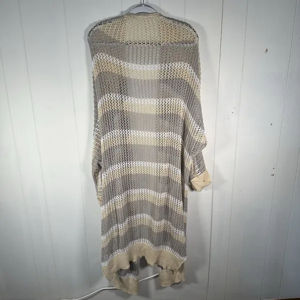 Women’s XL Beige Striped Open Knit Long Cardigan Duster Boho - Image 7