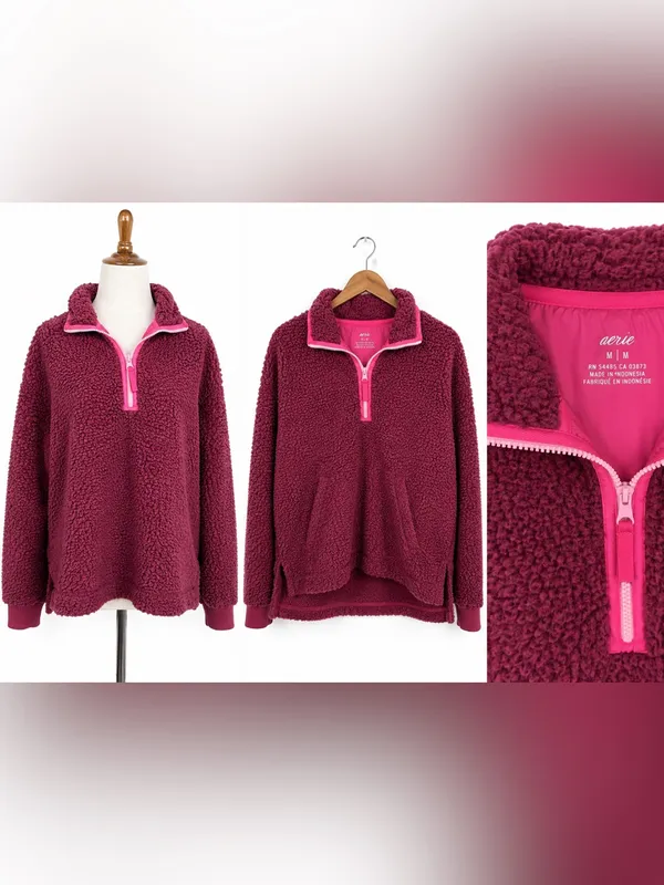 Aerie Sherpa Quarter Zip Pullover Medium Berry Pink Fleece Sweatshirt - Image 2