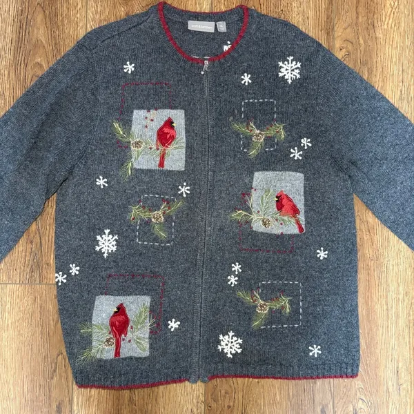 Croft & Barrow Embroidered Christmas Cardinal Sweater Womens XL Wool Angora Gray - Image 2