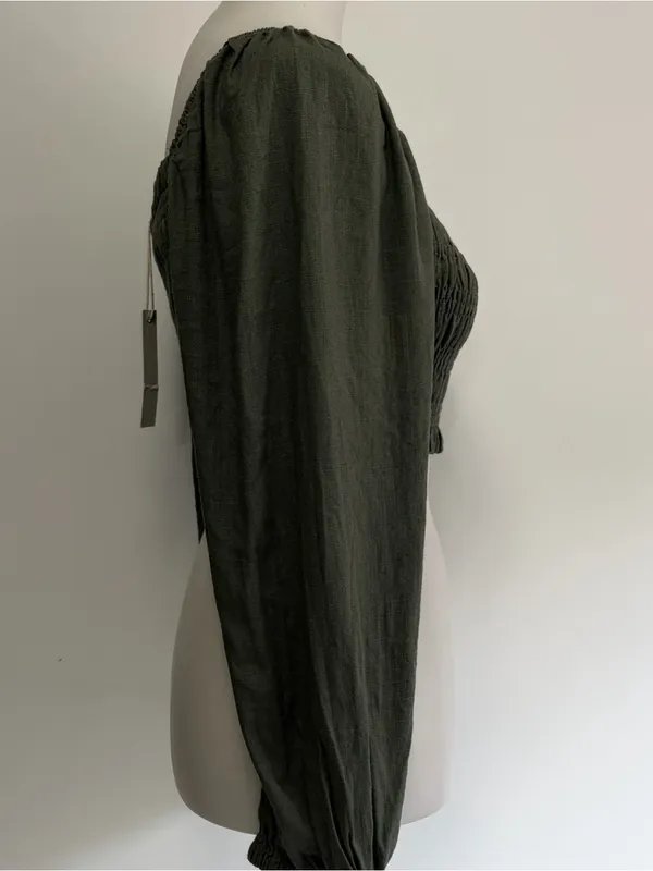 Crescent Medium Olive Smocked Linen Blend Crop Top Peasant Cottagecore Bohemian - Image 4