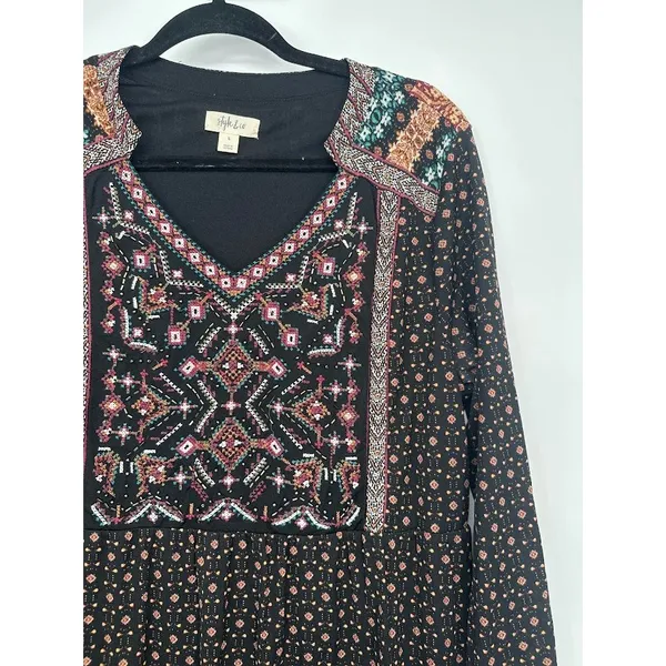 Style &‎ Co Dress Large Black Boho Embroidered Beaded Boho Peasant Dress Flowy - Image 3