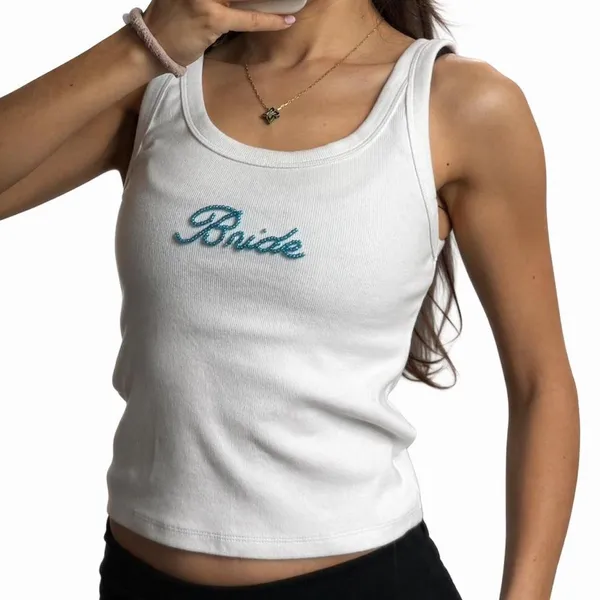 Handmade Beaded Bride Cropped Tank Top White Size M - Image 3