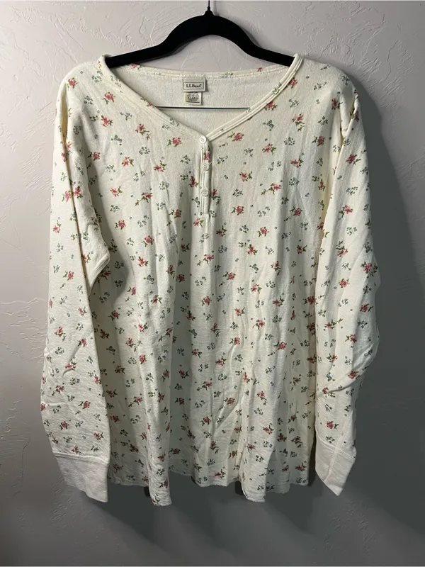L.L.Bean Vintage Floral Double Layer Wool Blend Thermal Henley Top Cottagecore - Image 2