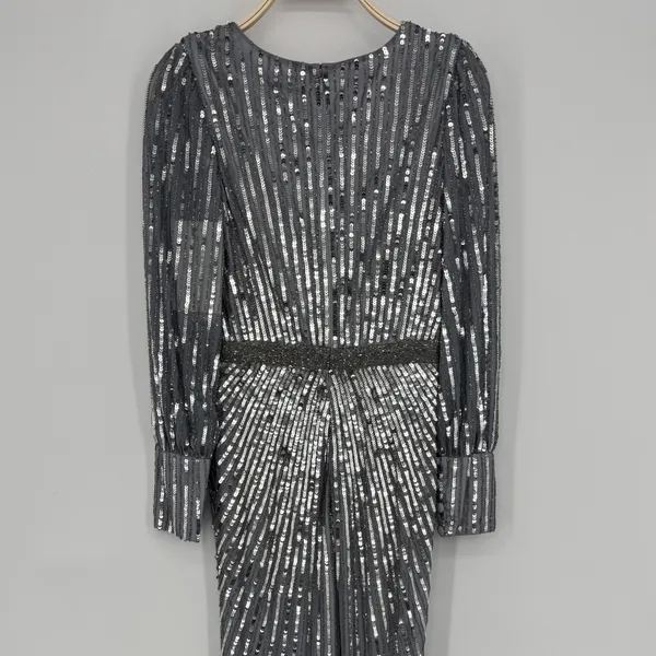Mac Duggal Sequined Wrap Over Bishop Sleeve‎ Gown 4 Silver Formal Gala Wedding - Image 8