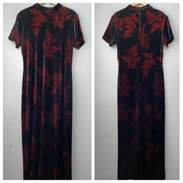 Vtg Teddi Evening Size 12 Black Red Velvet Maxi Dress Asian Oriental Whimsigoth - Image 2