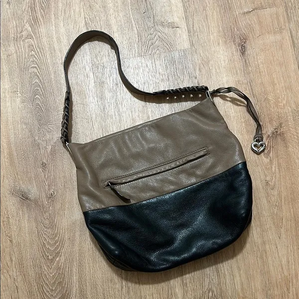 Brighton | Women's‎ Two Tone Taupe Black Hobo Heart Charm Leather Shoulder Bag - Image 2