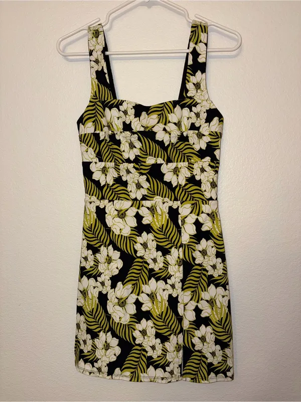 Tropical Floral Square Neck Bow Tie Back Mini Dress Olive Green White Black - Image 2