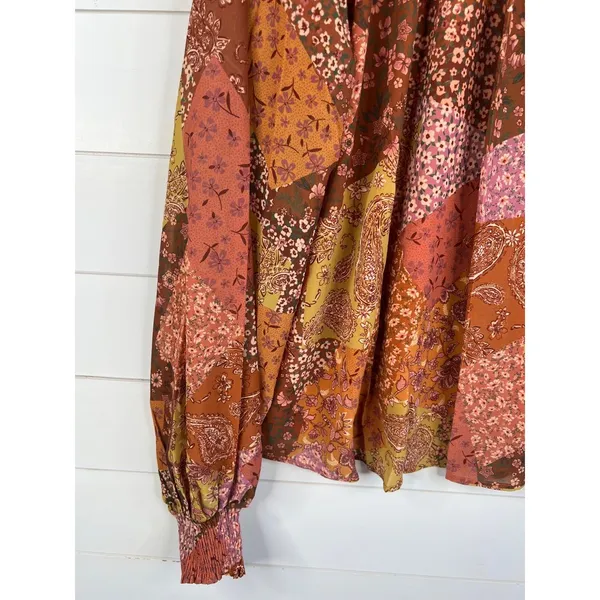 AURA Blouse Womens Size L Patchwork Tie Neck Long Sleeve Bohemian Relaxed Fit - Image 5