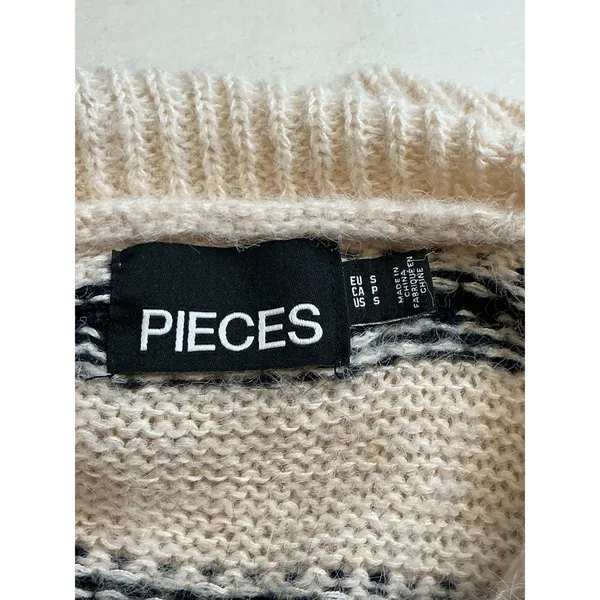 Pieces Womens Striped Quarter‎ Zip Sweater Dress Cream Black S Balloon Sleeve - Image 5