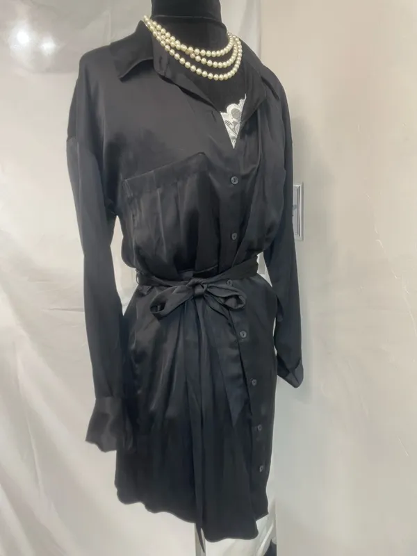 Abercrombie & Fitch Black Satin Button-Front Long Sleeve Shirt Dress w/Tie Belt - Image 4