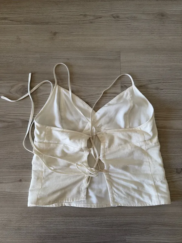 Et Clet Cream Spaghetti Strap V-Neck Top Tie Back - Image 4