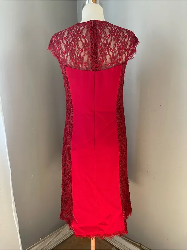 Elegant Red Lace-Trim Midi Dress - Image 3