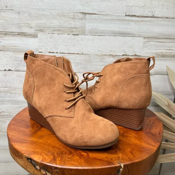 Kenneth Cole Reaction Deka Brown Suede Wedge Booties Lace Up Size 6 - Image 13