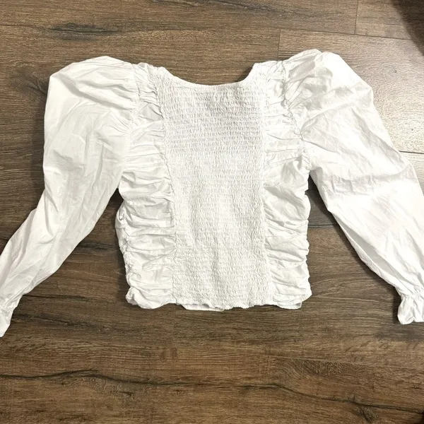 Zara White Poplin Ruched Smocked Balloon Sleeve Crop Top - Image 6