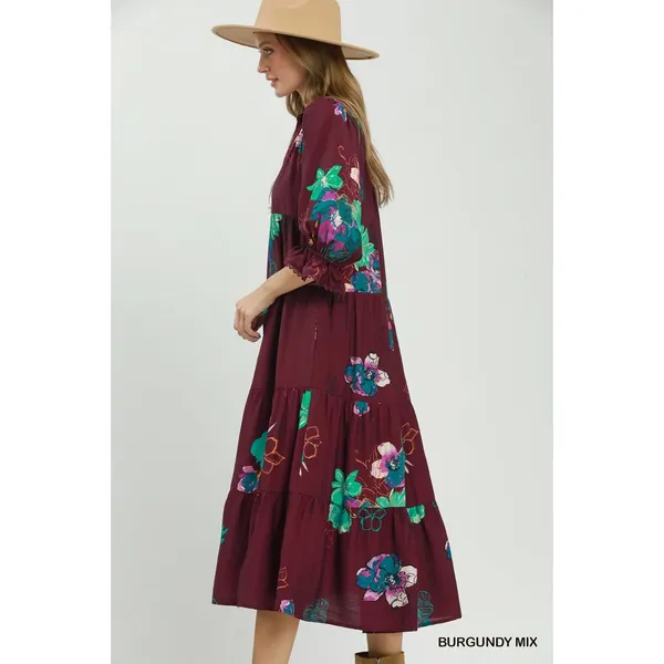 Umgee Floral Print Tiered Midi Dress with Puff Sleeves‎ - Burgundy - Small - Image 2