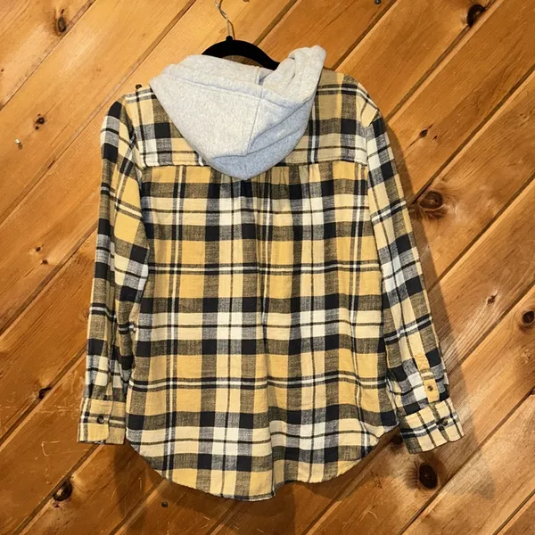 American eagle yellow gray plaid flannel hooded button up shirt - Image 6