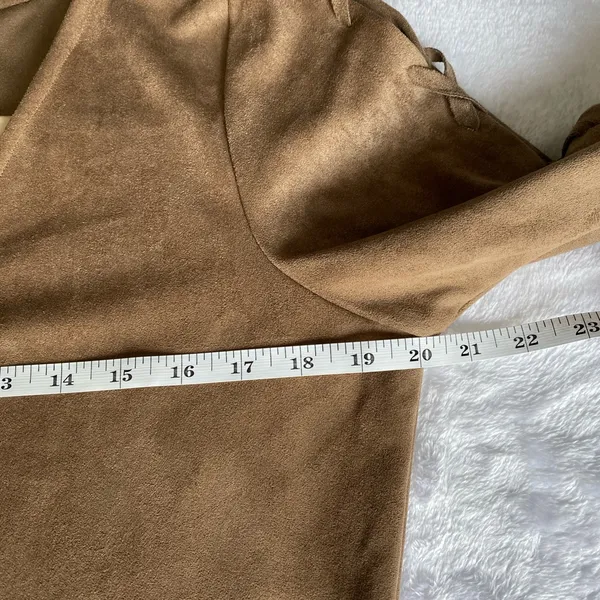 Union of Angels Faux Suede V-Neck Dress Lattice Sleeve Brown Medium - Image 8