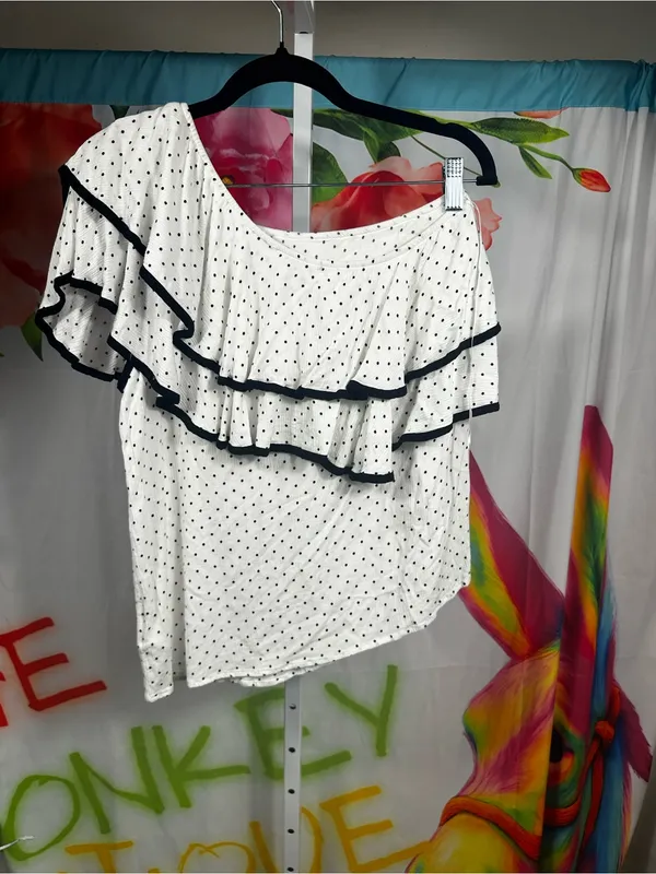 P215. Ro & De White Polka Dot One-Shoulder Ruffle Top with Black Trim - Image 3