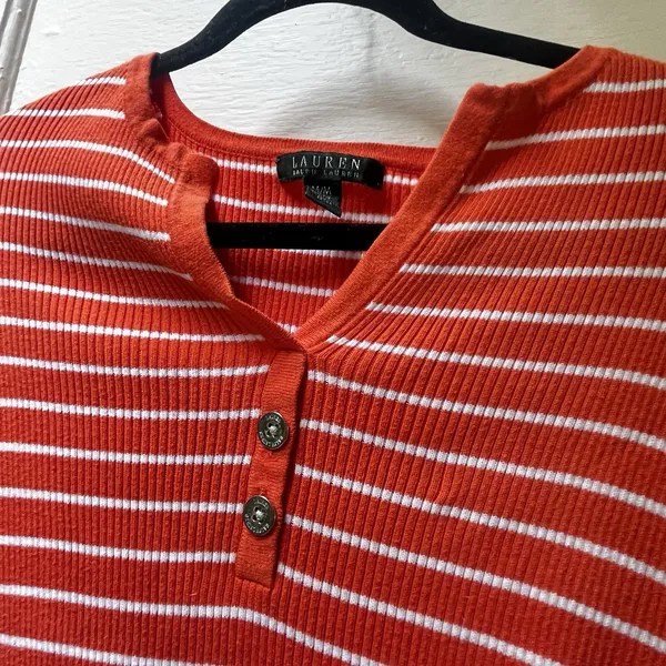Ralph Lauren Striped Henley Sz M Orange Preppy Retro Cotton Summer 3/4 Sleeve - Image 4