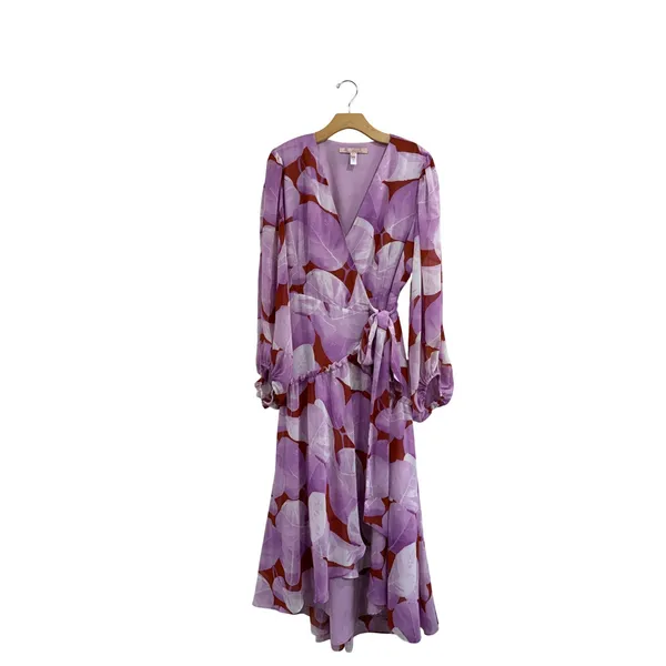 Hutch Purple Red Botanical Leaf Print Wrap Maxi Dress Long Balloon‎ Sleeve L - Image 3