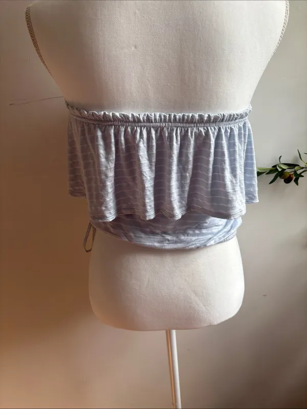 Abercrombie & Fitch Light Blue and White Striped Off-Shoulder Ruffle Crop Top - Image 4