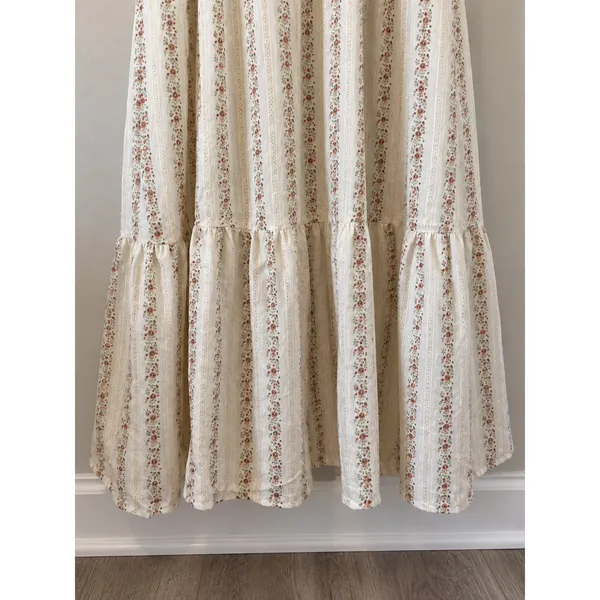 Cream Floral Cotton Maxi Dress Lace Tie Cottagecore Tiered Ruffle M - Image 8