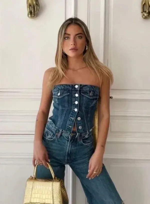 Zara crop top corset denim jeans button up - Image 5