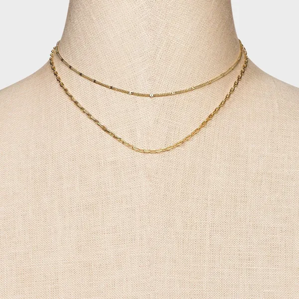Target 14K Gold Plated Flat Beaded and Link Chain Duo Necklace - A New Day™ Gold: Nickel-Free, Lobster Clasp - Image 2