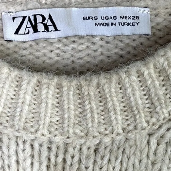 ZARA Cropped Ribbed Hems Long Sleeve Crew Neck Chunky Knit Sweater Small Cream - Image 8
