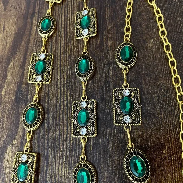Gold Y2K Emerald Green Jewel Whimsygoth Chain Belt, Fits 26-35 Inches, X7GA1382 - Image 7