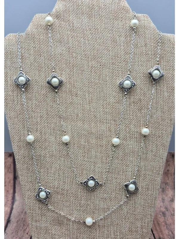 The Brighton Courtesan Necklace Long Vintage Style Glass Pearl Crystal Stations - Image 7