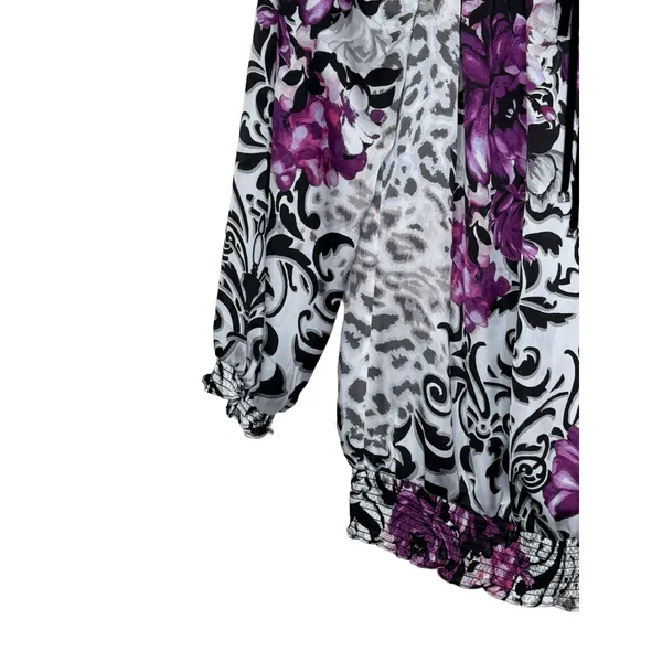WHBM Women's‎ Top Satin Floral V-Neck Tie Chiffon Tie 3/4 Sleeves Purple Small - Image 3