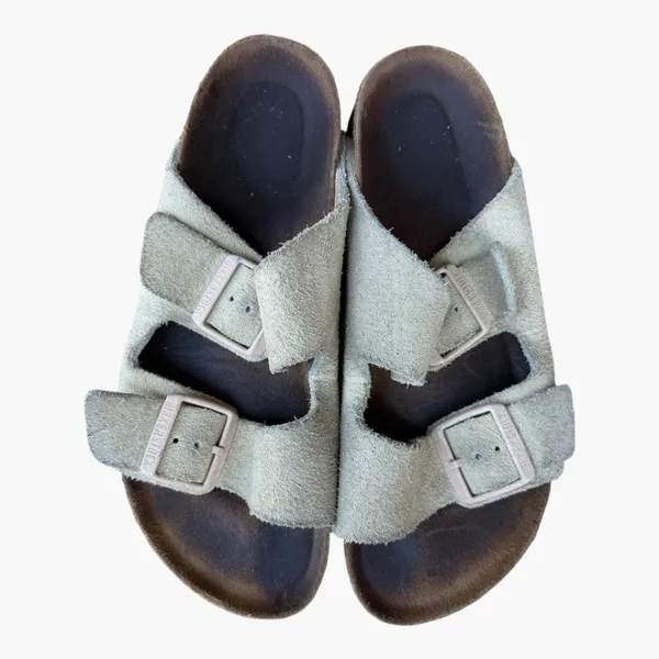 Birkenstock Arizona Suede Sandals Tan Cream Sage Taupe Double Strap Slides 38 - Image 2