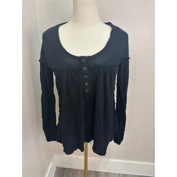 We The Free Free People Black Linen Blend Henley Babydoll Top Long Sleeve Medium - Image 3