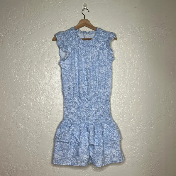 Anthropologie Sundays Shae Dress Blue Floral Smocked Cotton Ruffle Mini‎ Small - Image 2