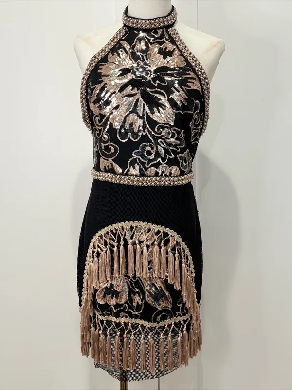 12th Tribe Like Gold Dust Fringe Mini Dress Large Black Sequin Festival Western - Image 6
