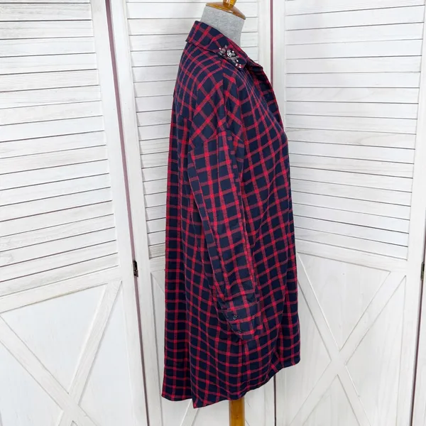 Zara Plaid Beaded Collar Oversized Pullover‎ Tunic Shirt Dress Red Blue XS - Image 4