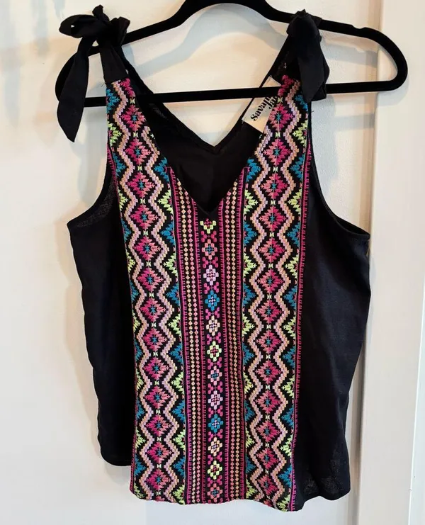 Savanna Jane the Bella Horatio Ribbon Tie Linen Blend Embroidered Tank Women's S - Image 2