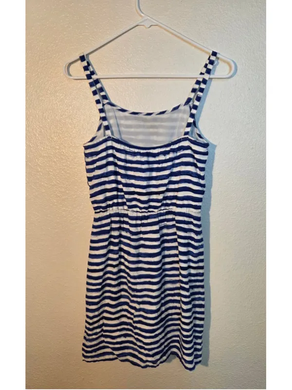 LOFT Women’s S Blue & White Striped Spaghetti Strap Sundress Floral Front Gather - Image 2