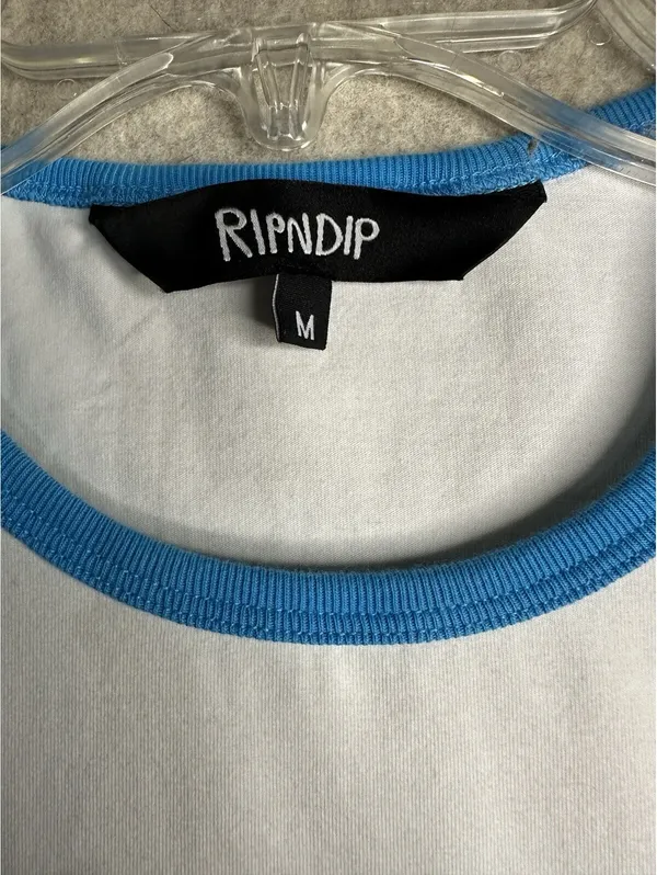 RIPNDIP Blonded Cropped Ringer Tee Women’s Med White Blue Alien Cat Logo - Image 4