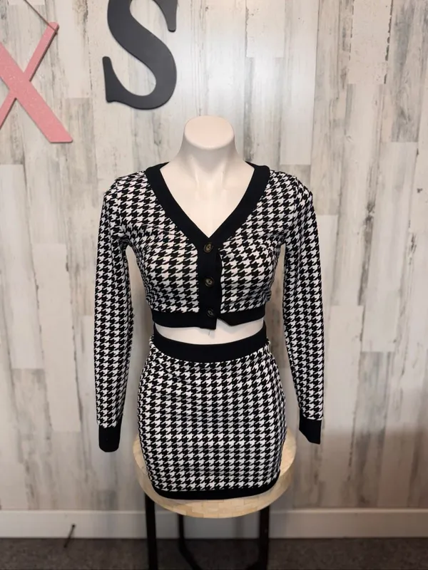 SHEIN Two Piece Set Womens Extra Small Houndstooth Crop Cardigan Skirt Black Whi - Image 2