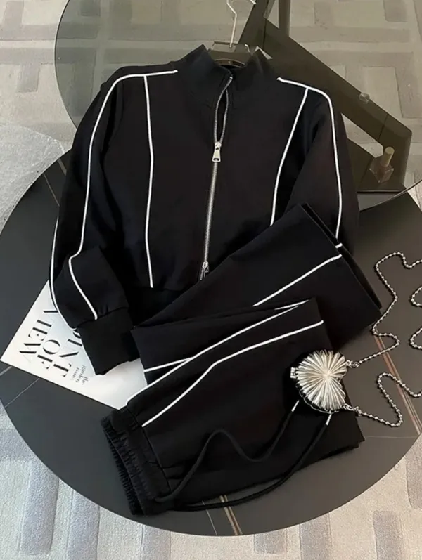 New 2 Piece Set Black Straight-leg Zip Feont Top - Image 5