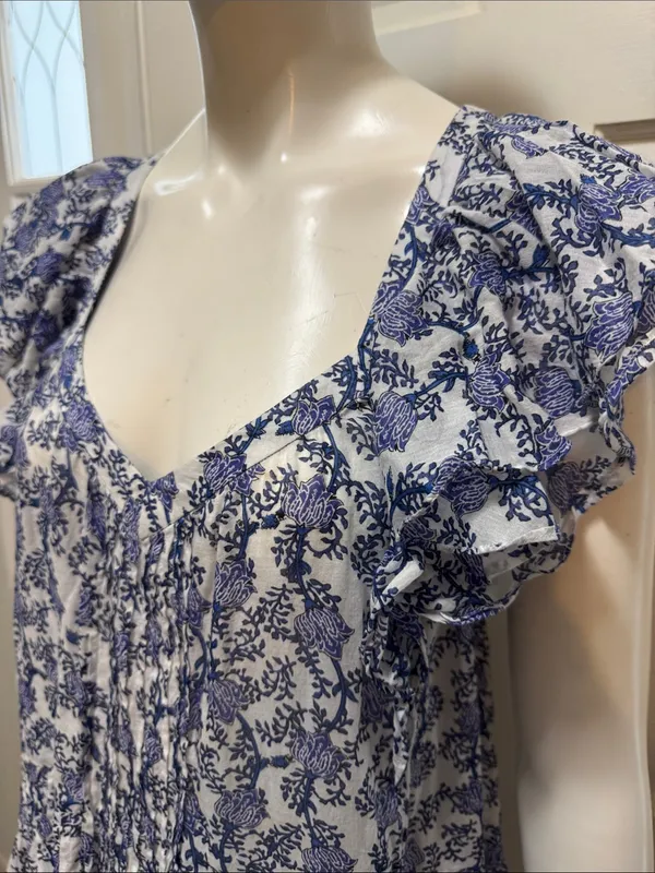 Isabel Marant Étoile Godrana Flutter-Sleeve Blue Floral Ruffle-Sleeve Dress S 44 - Image 6