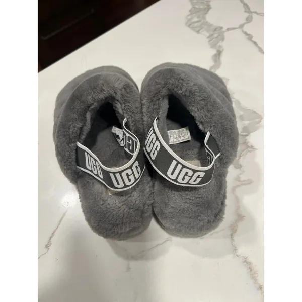 UGG‎ Fluff Yeah Slide Charcoal Grey Sheepskin Fur Sandals Womens Size 7 - Image 2